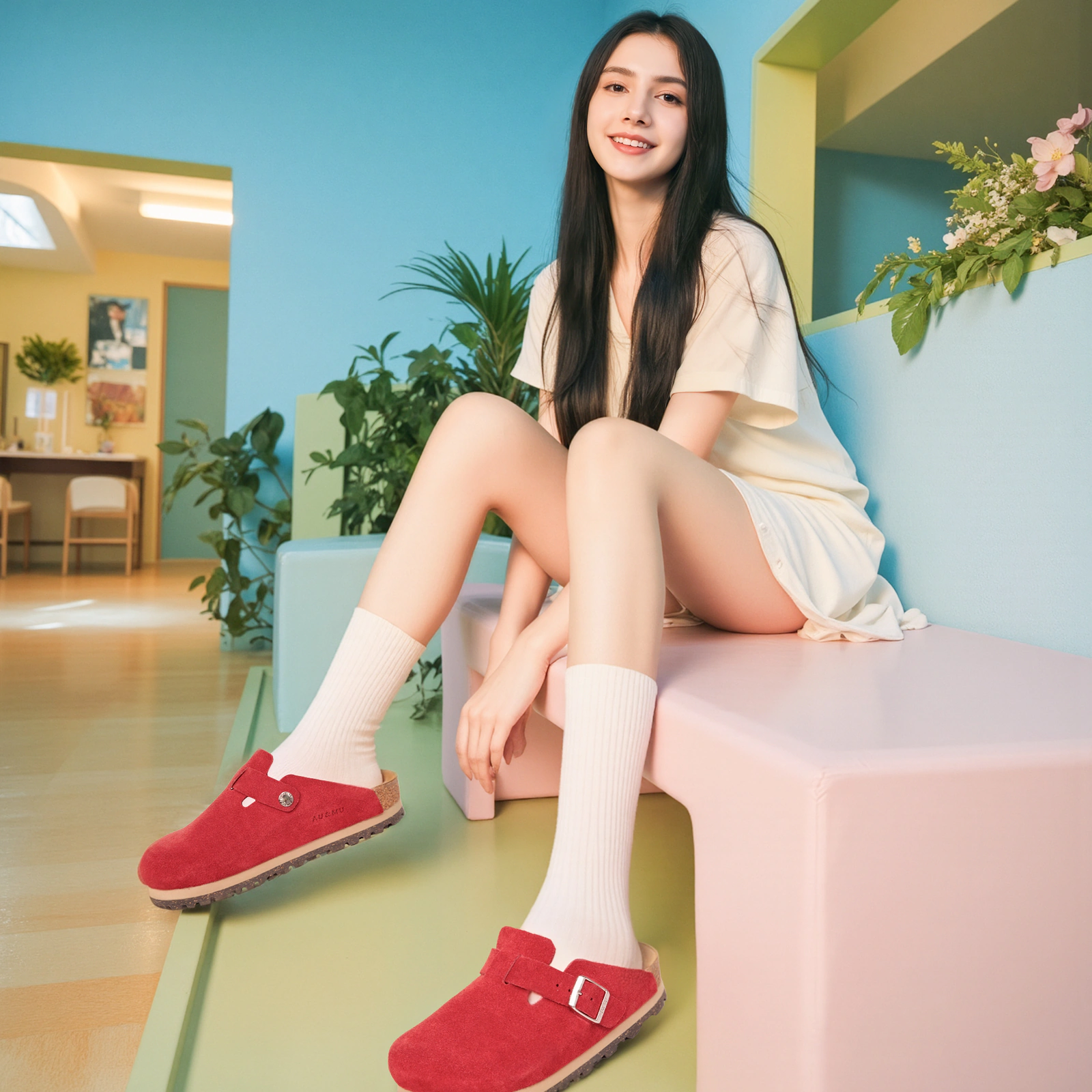 AU&MU Forma Clog 金属单扣包头软木半拖 styled view
