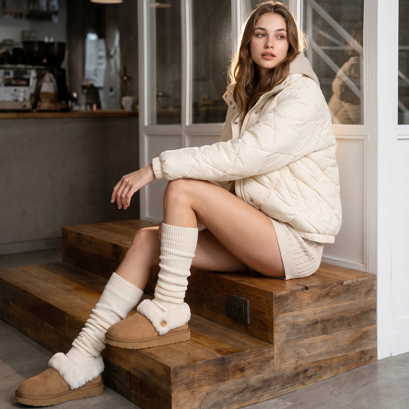 AU&MU Cocoon Clog 毛绒翻领露跟毛拖 styled view