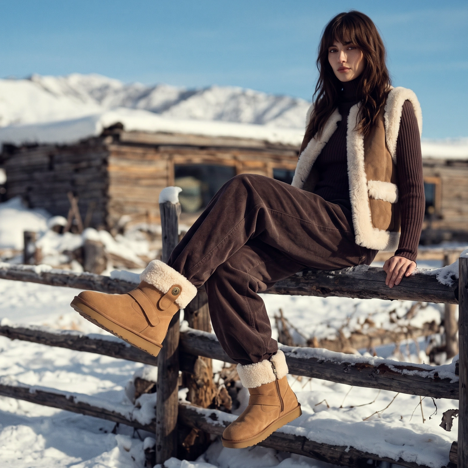 AU&MU Alta Short 单扣翻毛内增高短筒雪地靴 styled view