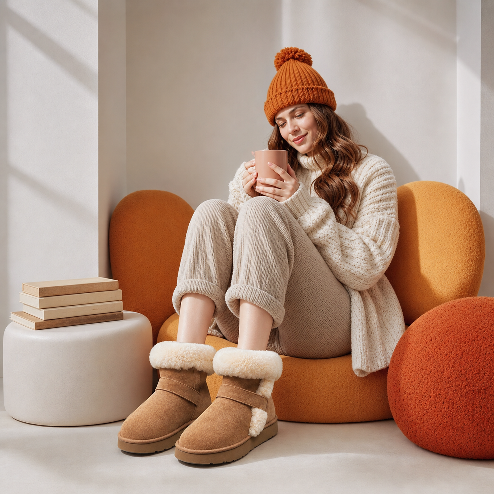 AU&MU Ridge Short 翻毛鞋口厚底短筒雪地靴 styled view