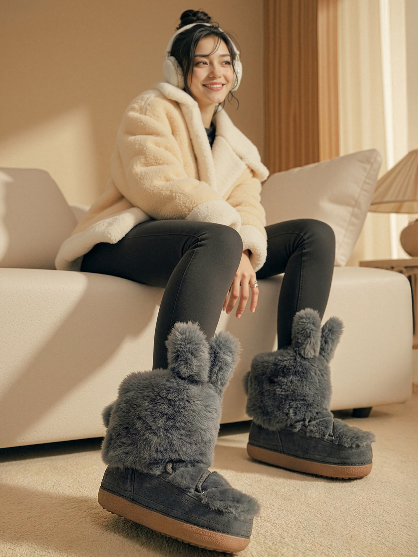 兔耳长绒厚底短筒雪地靴 灰色